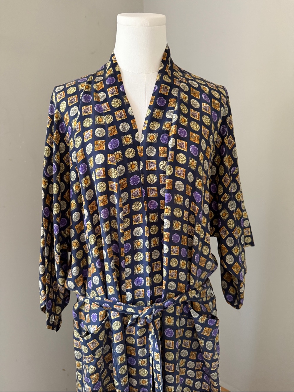 Vintage Whitney 100% Silk Long Robe | Navy Purple Gold Print | One Size
